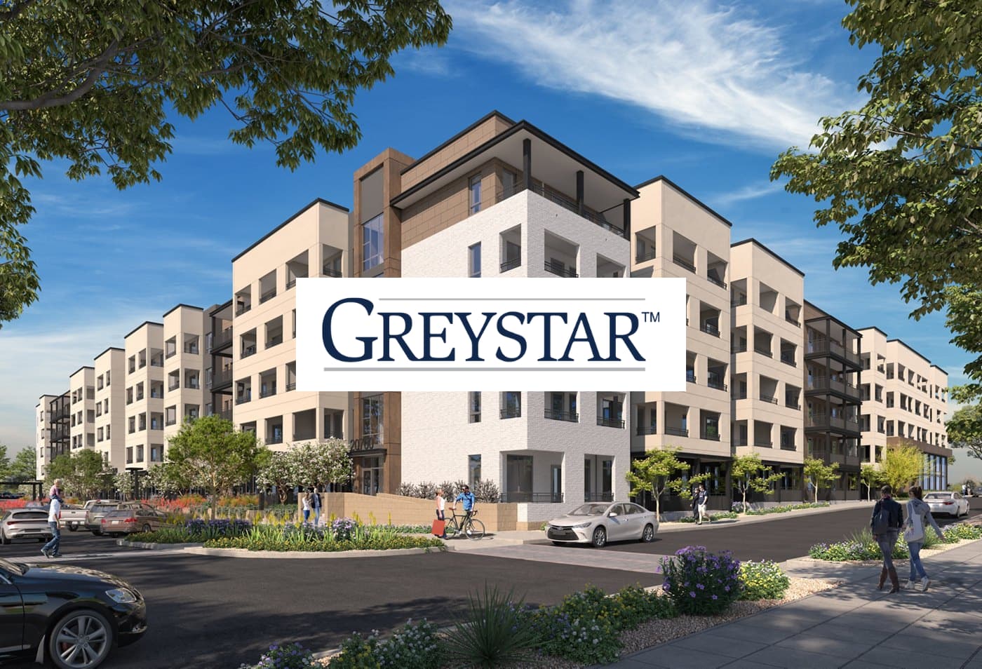 Greystar logo overlaid on a modern apartment complex, with cars and people in the foreground.