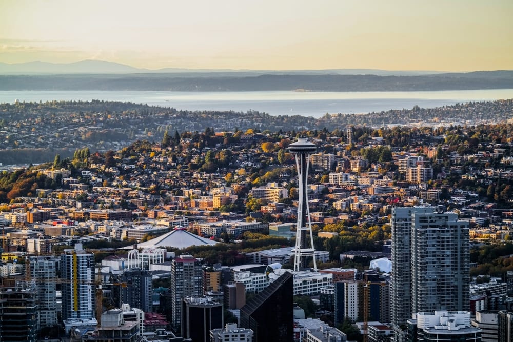 Aerial view of Seattle skyline with the Space Needle at sunset.